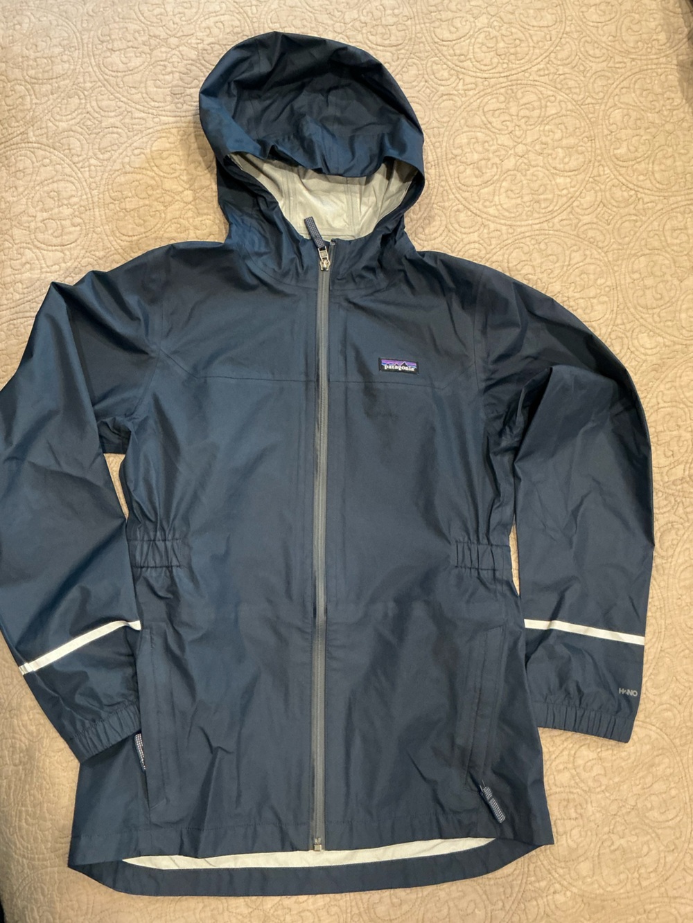 Patagonia Navy Hooded Kids Raincoat with Reflective Trim